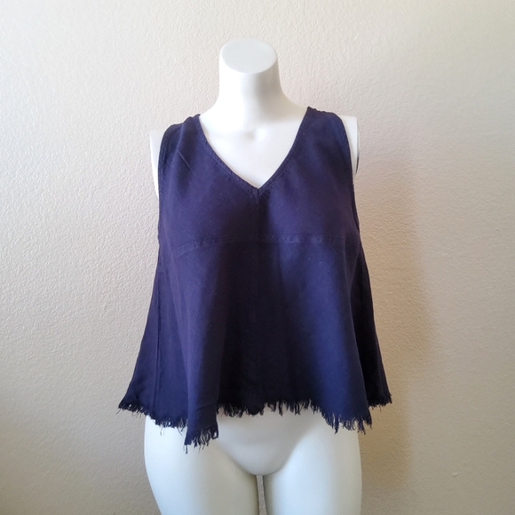 Indigo Rein Linen Blend Split Open Back Tank Top Navy Blue New - Picture 3 of 11